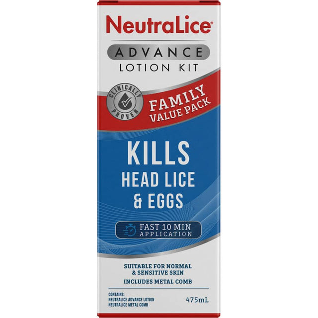 Neutralice Advance Head Lice Treatment Kit with non-toxic lotion, fine-tooth comb, and user guide for effective lice removal.