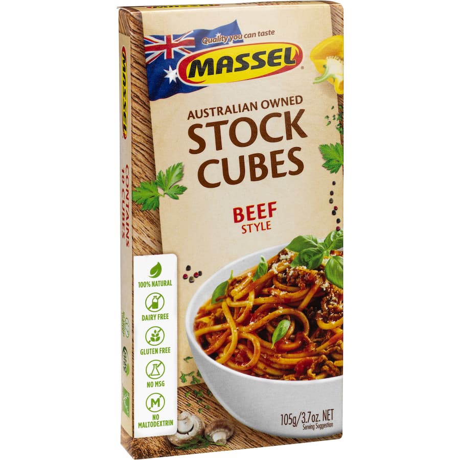 Massel Ultra Beef Style Stock Cubes, gluten-free, vegan, enhance soups and stews with rich beefy flavor and reduced salt.