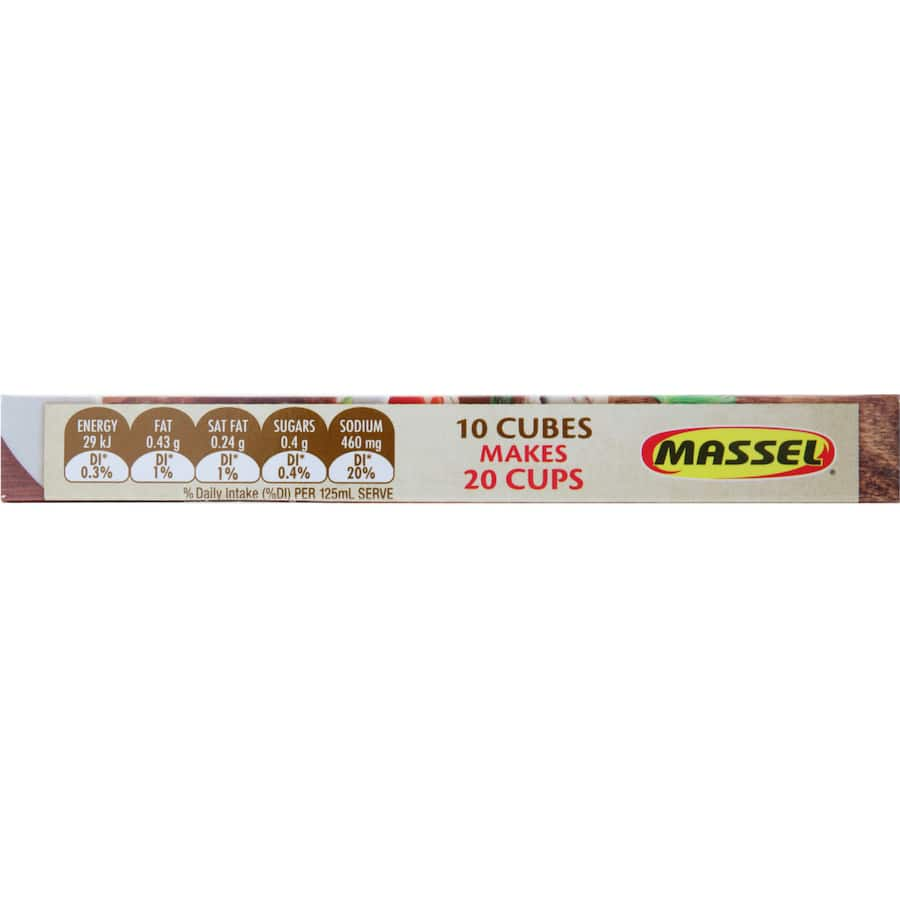 Massel Ultra Beef Style Stock Cubes, salt-reduced, gluten-free, vegan, enhancing soups, stews, and gravies with rich flavor.