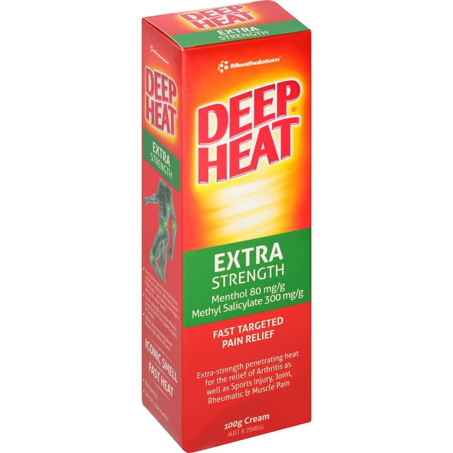 Deep Heat Muscular Rub Extra Strength Cream for fast relief of muscle pain, joint pain, and sports injuries with easy application.