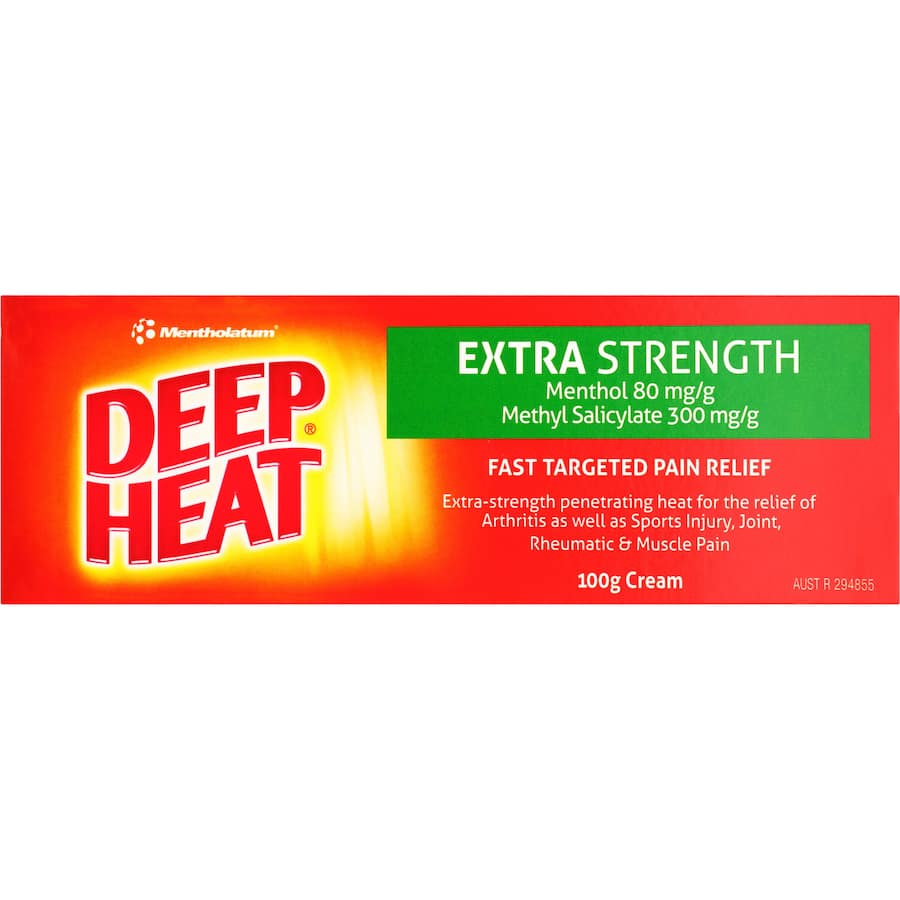 Deep Heat Muscular Rub Extra Strength Cream for fast relief from muscle pain, sports injuries, and joint discomfort.