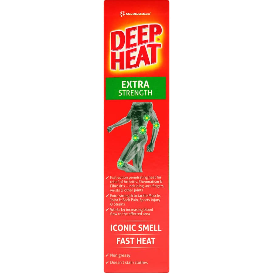 Deep Heat Muscular Rub Extra Strength Cream, a topical analgesic for fast relief from intense muscle pain and soreness.