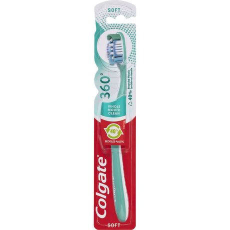 Colgate 360 Whole Mouth Clean Toothbrush with soft bristles for thorough cleaning of teeth, tongue, and gums, eco-friendly design.