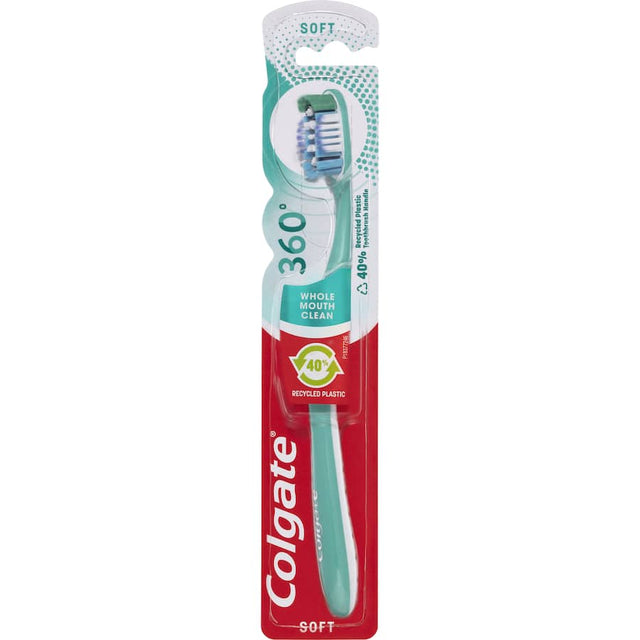 Colgate 360 Whole Mouth Clean Toothbrush with soft bristles for thorough cleaning of teeth, tongue, and gums, eco-friendly design.