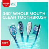 Colgate 360 toothbrush with soft bristles for complete mouth care, featuring tongue and cheek cleaner and eco-friendly design.