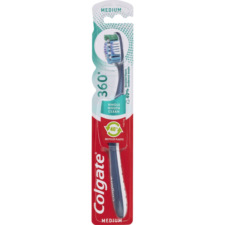 Colgate 360 Whole Mouth Clean Toothbrush with medium bristles for effective teeth, gum, tongue, and cheek cleaning.