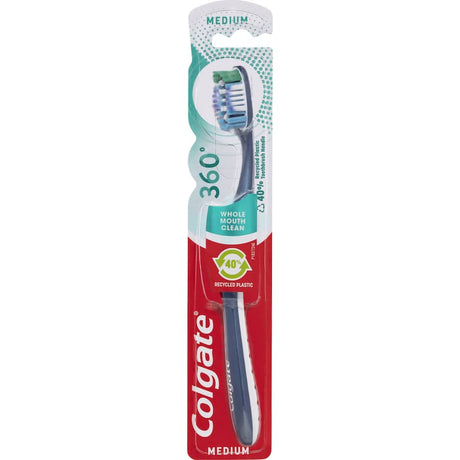 Colgate 360 Whole Mouth Clean Toothbrush with medium bristles for effective teeth, gum, tongue, and cheek cleaning.