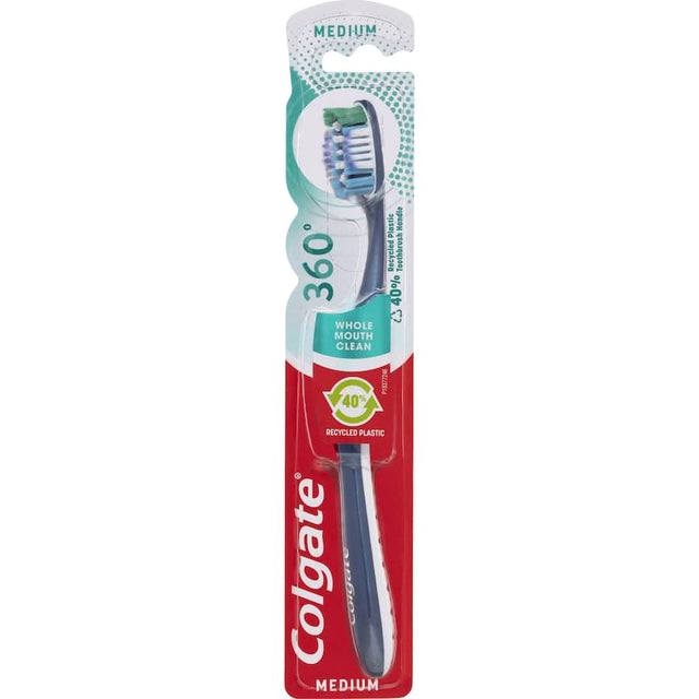 Colgate 360 Whole Mouth Clean Toothbrush with medium bristles for effective teeth, gum, tongue, and cheek cleaning.