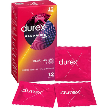 Durex Pleasure Me Condoms featuring ribbed and dotted texture for enhanced stimulation and comfort during intimacy.