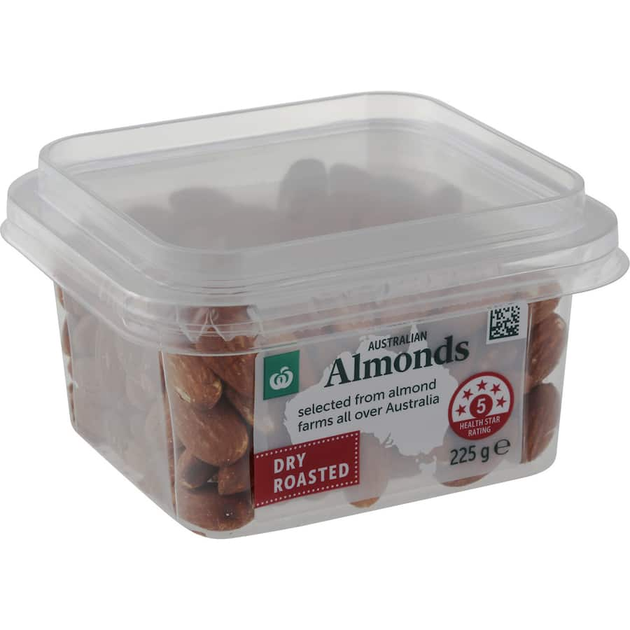 Oven-roasted Woolworths almonds, crunchy and nutritious, perfect for snacking or cooking.