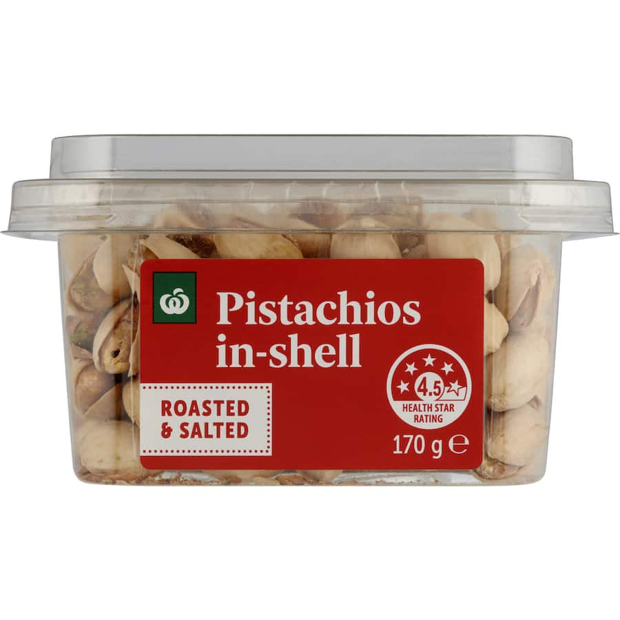 Woolworths Roasted & Salted Pistachios in a bowl, showcasing their crunchy texture and rich flavor.