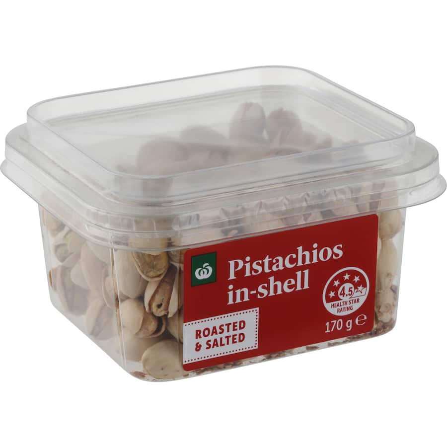 A pack of Woolworths Roasted & Salted Pistachios, featuring crunchy, flavorful nuts ideal for snacking and gatherings.