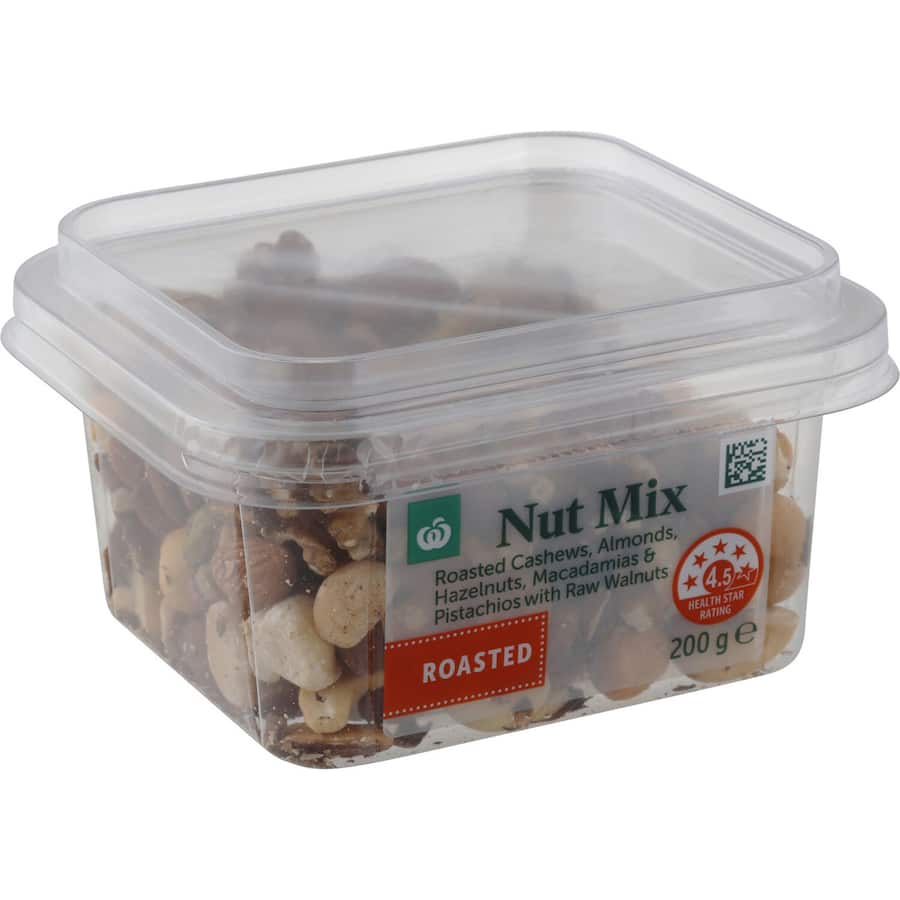 Woolworths Nut Mix Roasted featuring almonds, cashews, and walnuts in a resealable bag for healthy snacking on-the-go.