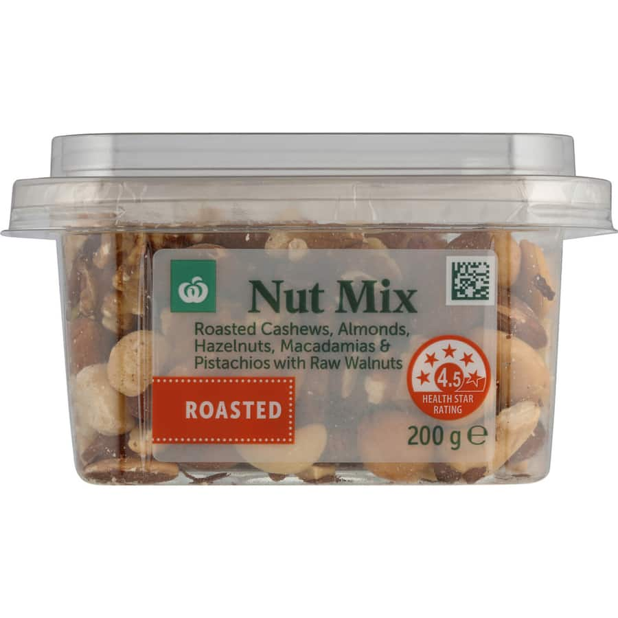 A resealable bag of Woolworths Roasted Nut Mix, featuring roasted almonds, cashews, and walnuts for a healthy snack.