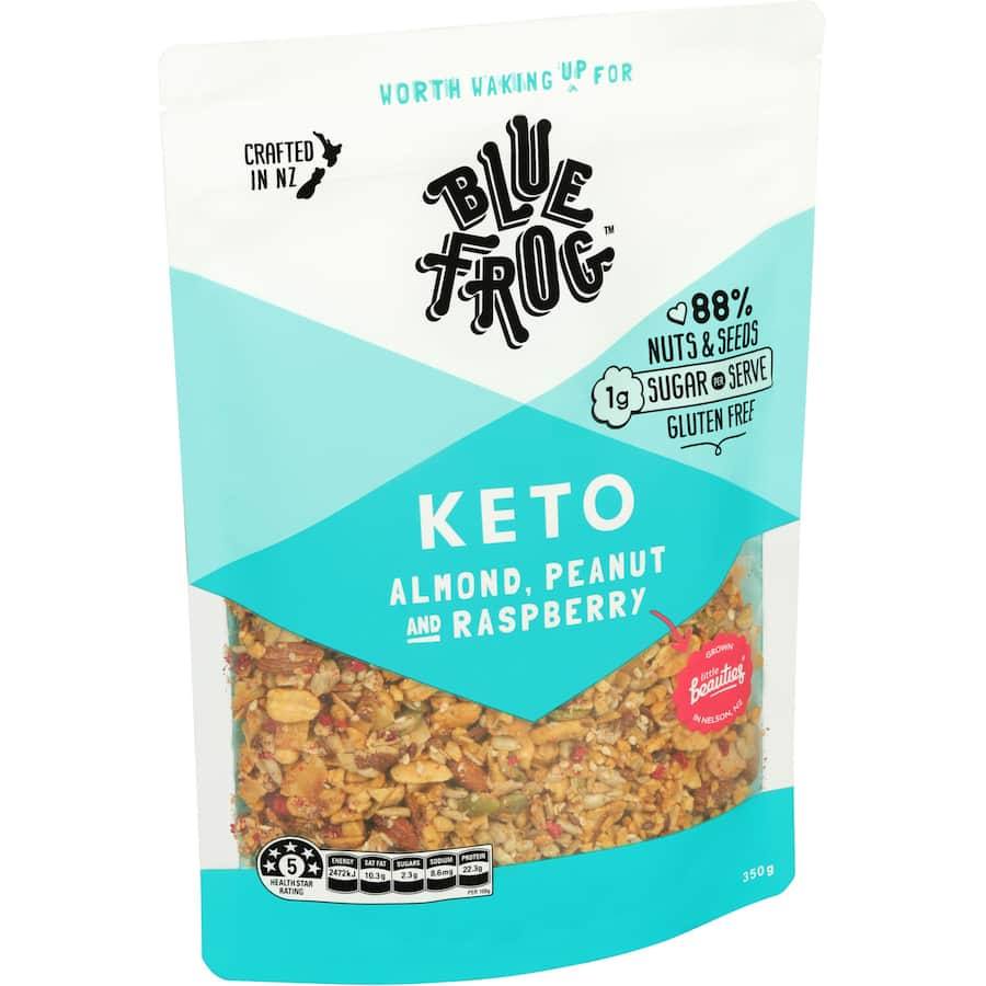 Blue Frog Keto Cereal featuring almonds, peanuts, and raspberries for a low-carb, protein-packed breakfast option.