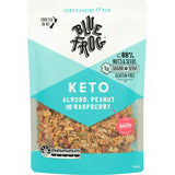 Blue Frog Keto Cereal featuring almonds, peanuts, and raspberries for a low-carb, nutritious breakfast option.