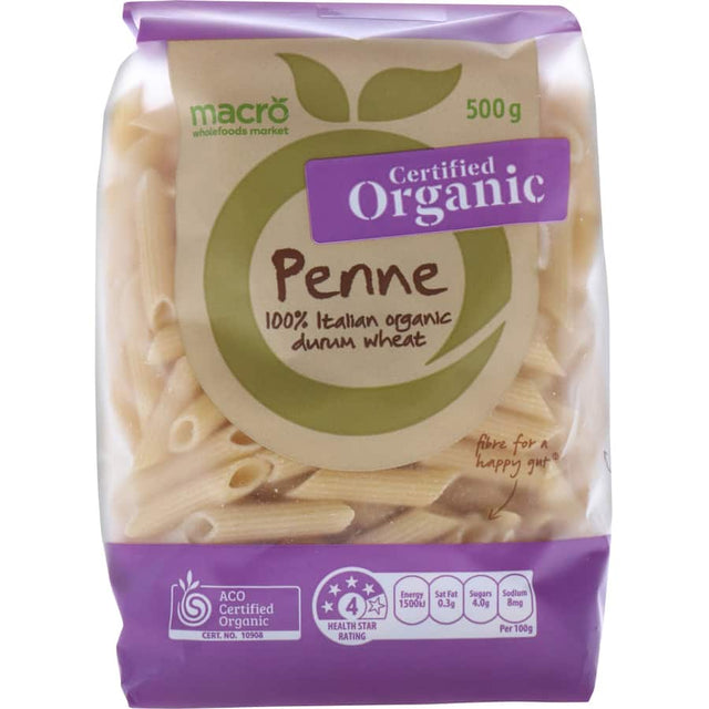 Macro Organic Pasta Penne made from 100% Italian wheat, rich in fiber and protein for a healthy, balanced diet.