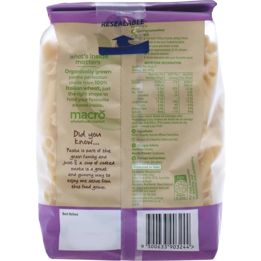 Macro Organic Pasta Penne made from 100% Italian wheat, high in fiber and protein, ideal for healthy meals.