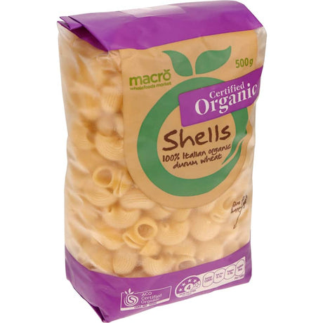 Macro Organic Pasta Shells made from premium organic Italian wheat, rich in fiber and protein, perfect for hearty pasta dishes.