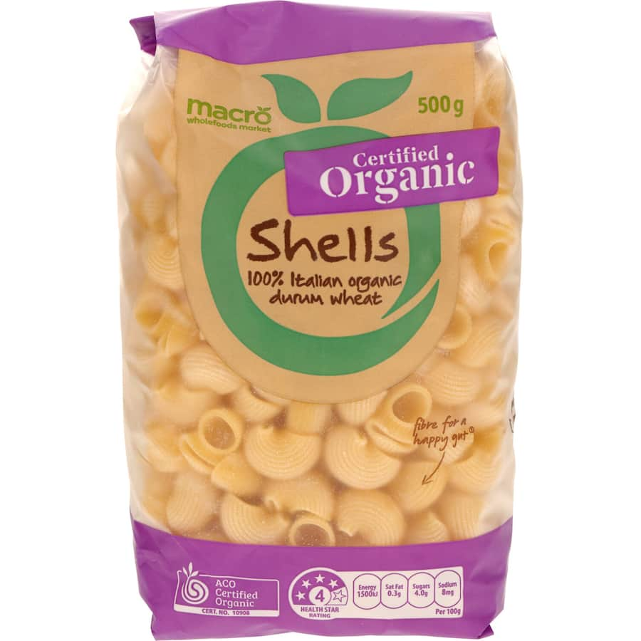 Macro Organic Pasta Shells made from premium Italian organic wheat, high in fiber and protein, ideal for healthy meals.