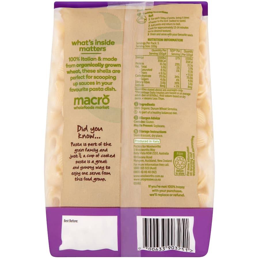 Macro Organic Pasta Shells made from premium Italian wheat, high in fiber and protein, perfect for flavorful pasta dishes.