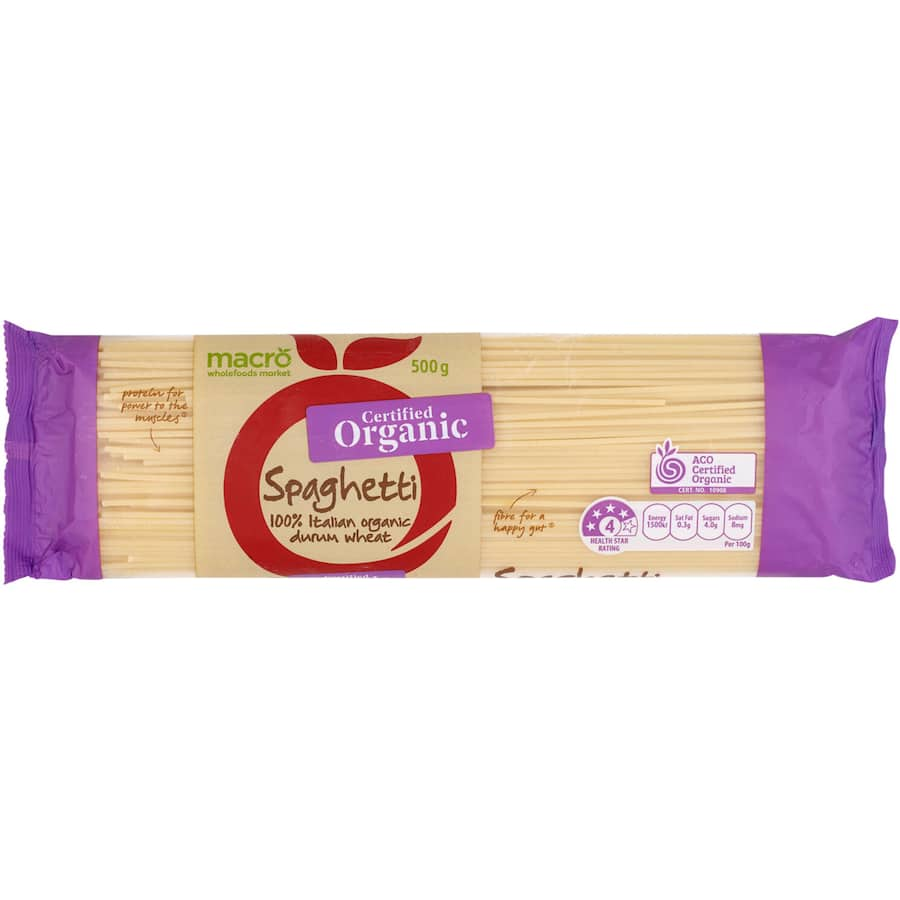 A pack of Macro Organic Pasta Spaghetti made from 100% Italian organic wheat, rich in fiber and protein for healthy meals.