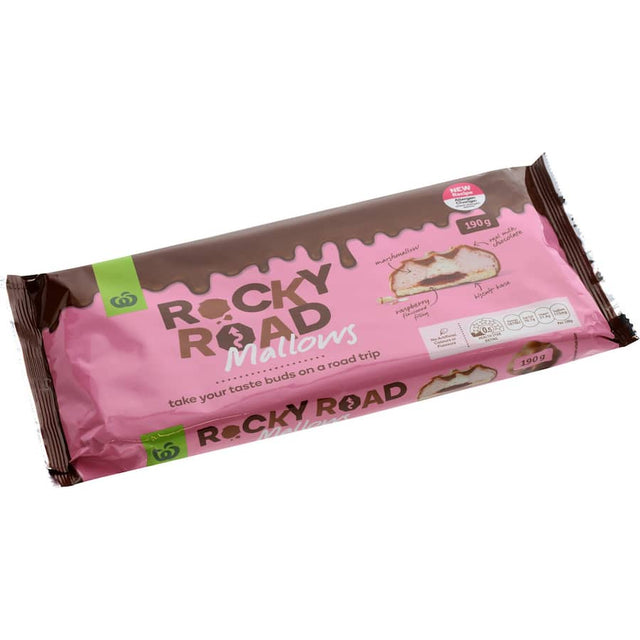 Woolworths Chocolate Biscuits Rocky Road Mallows feature a chocolate-covered biscuit with raspberry filling and fluffy marshmallows.