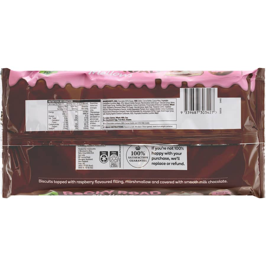 Woolworths Rocky Road Mallows: chocolate biscuits with raspberry filling and marshmallows, delivering a sweet, indulgent experience.