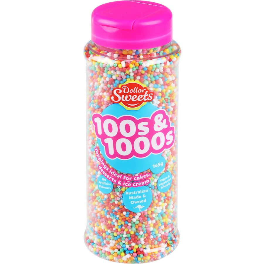 Colorful 100s & 1000s toppings in a bottle, perfect for decorating cakes, cupcakes, and cookies with a festive touch.