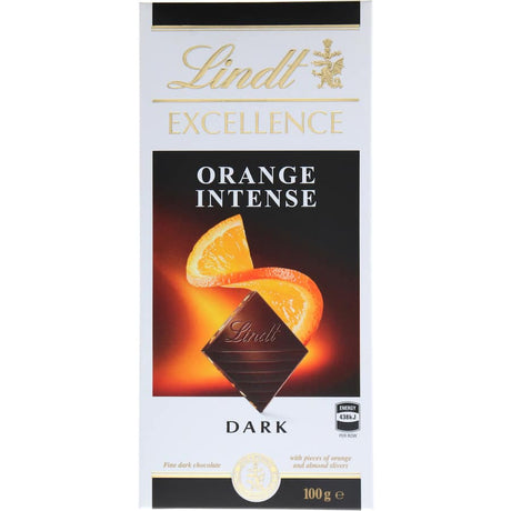 Lindt Excellence Dark Orange Intense chocolate bar featuring rich dark chocolate with zesty orange for a gourmet indulgence.