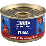 Gourmet canned tuna with sundried tomatoes, olives, and capers for Mediterranean-inspired meals.