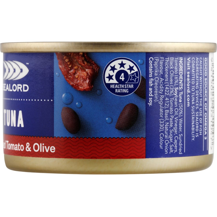 Gourmet canned tuna with sundried tomatoes, olives, and capers for Mediterranean-inspired meals and snacks.