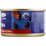 Gourmet canned tuna with sundried tomatoes, olives, and capers for Mediterranean-inspired meals and snacks.