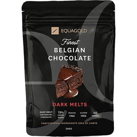 Equagold Dark Chocolate Melts, rich and velvety, perfect for baking, melting, and gourmet desserts; gluten-free indulgence.