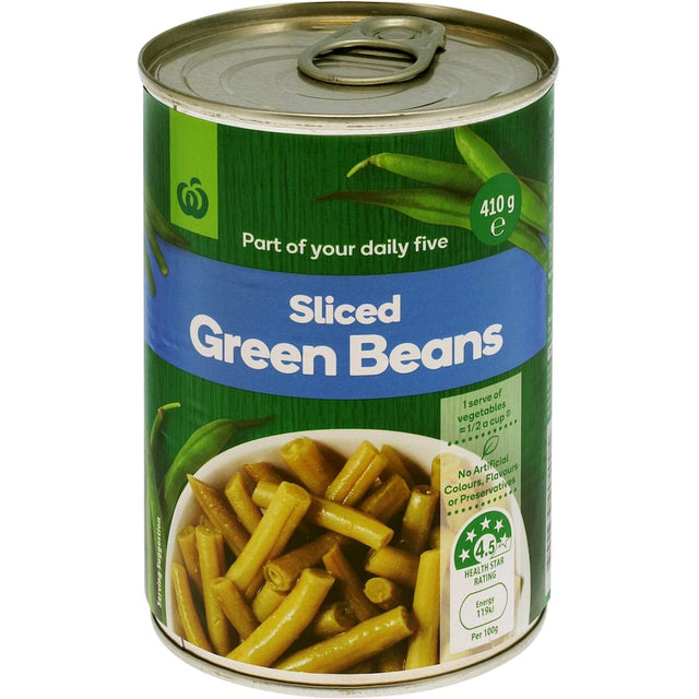 Fresh Woolworths Green Sliced Beans in a 420g can, ideal for salads, dips, and casseroles, packed with essential nutrients.