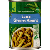 Woolworths Green Sliced Beans in a 420g can, fresh, tender, and nutrient-rich, perfect for salads, dips, and casseroles.