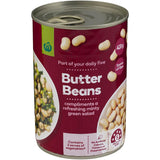 Woolworths Beans Butter: Creamy butter beans packed with fiber, perfect for salads, dips, and casseroles, all natural ingredients.