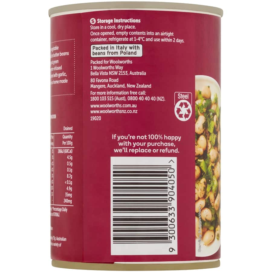 Woolworths Beans Butter in a 420g jar, creamy butter beans perfect for salads, dips, and casseroles, rich in fiber.