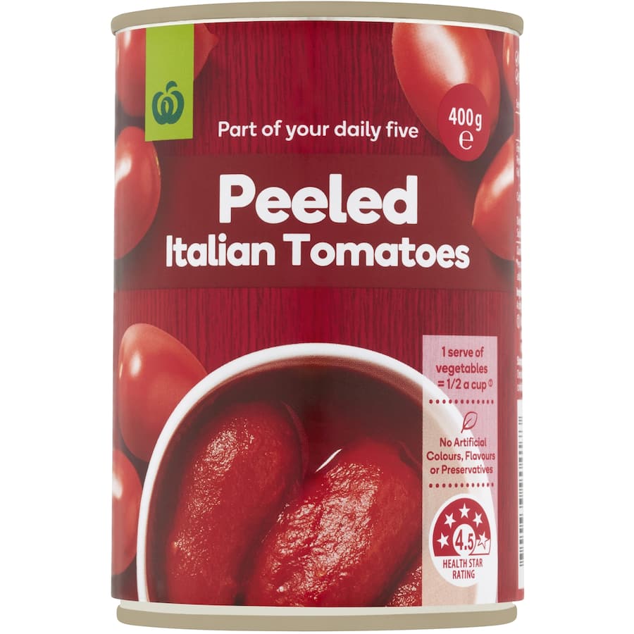 Woolworths Peeled Tomatoes Italian, high-quality, salt-free tomatoes for pasta sauces, soups, and casseroles.