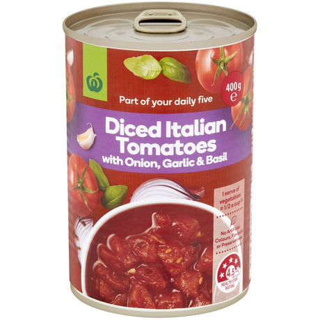 Woolworths Diced Tomatoes with Basil, Garlic & Onion, perfect for enhancing pasta, soups, and stews with garden-fresh flavors.