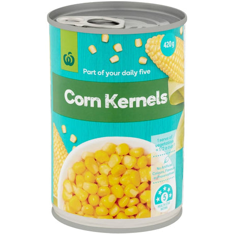 Woolworths Corn Sweet Kernels in a bowl, showcasing tender, juicy kernels perfect for versatile meal preparation.