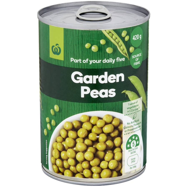 Fresh Woolworths garden peas in a bowl, ideal for side dishes or casseroles, with no artificial additives.