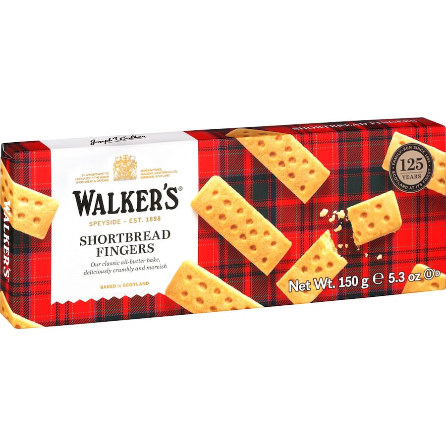 Buttery Walkers Shortbread Fingers, classic Scottish cookies with a crisp texture, perfect for tea time or snacking.