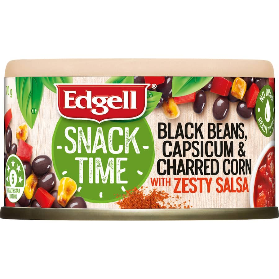 Edgell Snacktime Salsa featuring black beans and corn in convenient packaging for healthy snacking anytime.