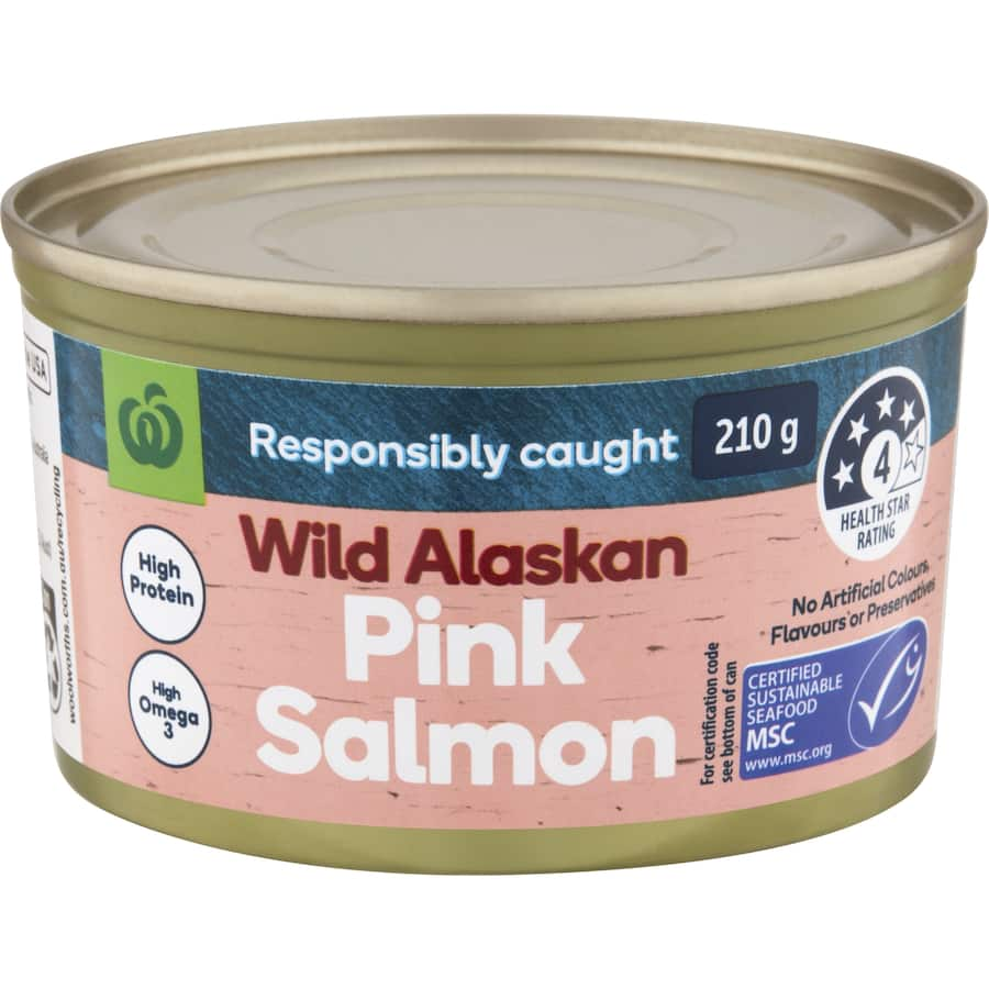 Woolworths Salmon Pink Wild Caught, a premium sustainable seafood, rich in Omega 3, ideal for salads, pastas, and sandwiches.