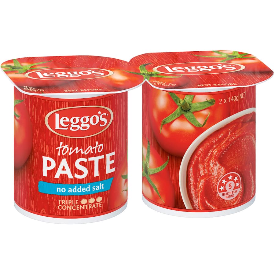 Leggo's No Added Salt Tomato Paste, a 100% concentrated blend for rich, authentic flavor in cooking without added sodium.