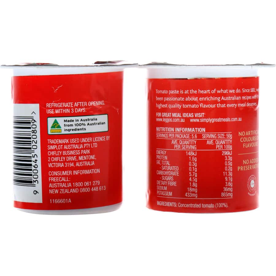 Leggo's Tomato Paste No Added Salt: triple-concentrated, rich tomato flavor, perfect for healthy cooking without excess sodium.