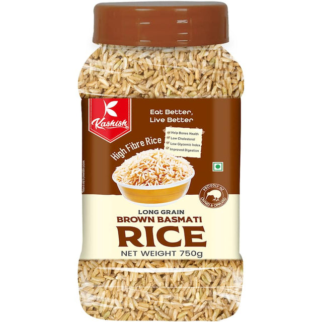 Kashish Brown Basmati Rice: 100% pure, nutritious, quick-cooking rice with a nutty flavor and aromatic fragrance.