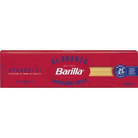 Barilla Al Bronzo Pasta Spaghetti: authentic bronze-die pasta with rough texture, high fiber, and vibrant golden amber color.