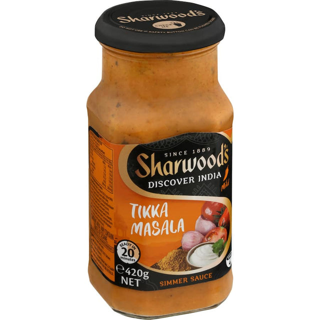 Creamy Sharwoods Tikka Masala Simmer Sauce Mild for authentic, flavorful Indian curries without artificial additives.